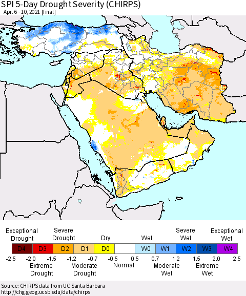 Middle East and Turkey SPI 5-Day Drought Severity (CHIRPS) Thematic Map For 4/6/2021 - 4/10/2021