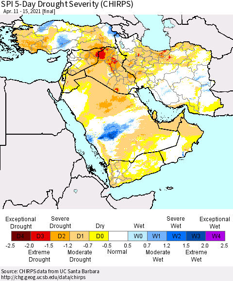 Middle East and Turkey SPI 5-Day Drought Severity (CHIRPS) Thematic Map For 4/11/2021 - 4/15/2021