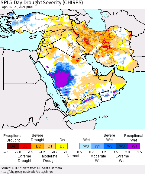 Middle East and Turkey SPI 5-Day Drought Severity (CHIRPS) Thematic Map For 4/16/2021 - 4/20/2021