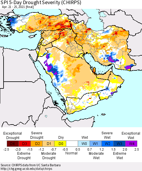 Middle East and Turkey SPI 5-Day Drought Severity (CHIRPS) Thematic Map For 4/21/2021 - 4/25/2021