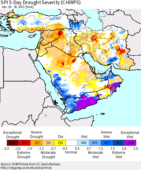Middle East and Turkey SPI 5-Day Drought Severity (CHIRPS) Thematic Map For 4/26/2021 - 4/30/2021