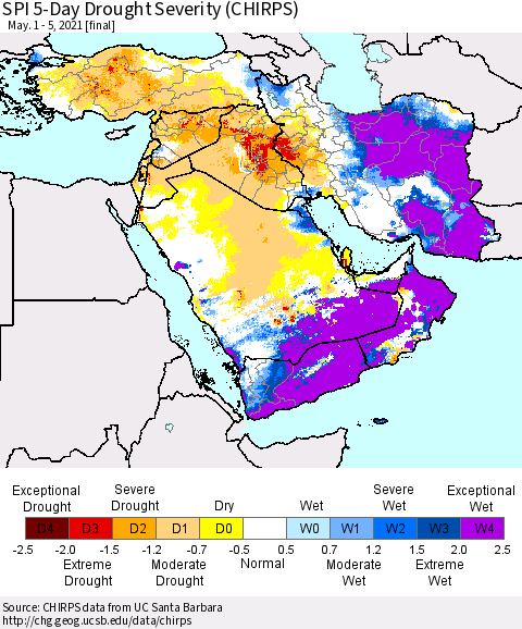 Middle East and Turkey SPI 5-Day Drought Severity (CHIRPS) Thematic Map For 5/1/2021 - 5/5/2021