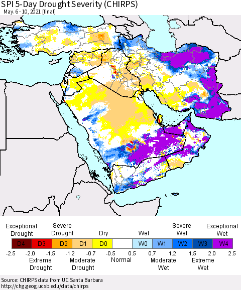 Middle East and Turkey SPI 5-Day Drought Severity (CHIRPS) Thematic Map For 5/6/2021 - 5/10/2021