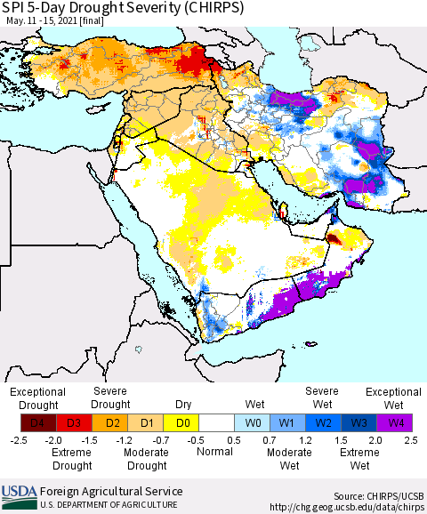Middle East and Turkey SPI 5-Day Drought Severity (CHIRPS) Thematic Map For 5/11/2021 - 5/15/2021