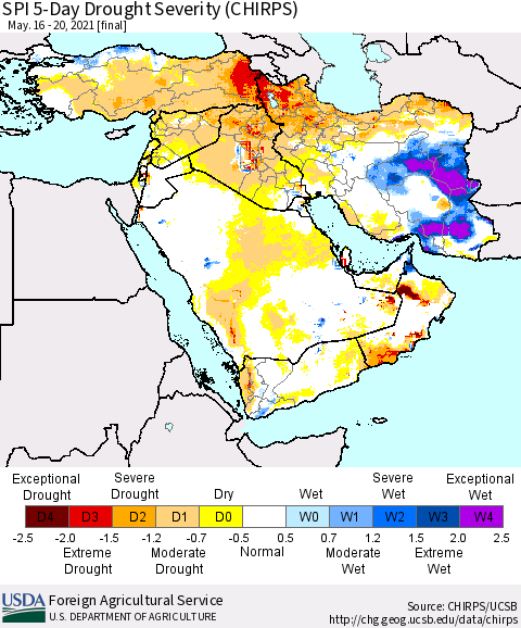 Middle East and Turkey SPI 5-Day Drought Severity (CHIRPS) Thematic Map For 5/16/2021 - 5/20/2021