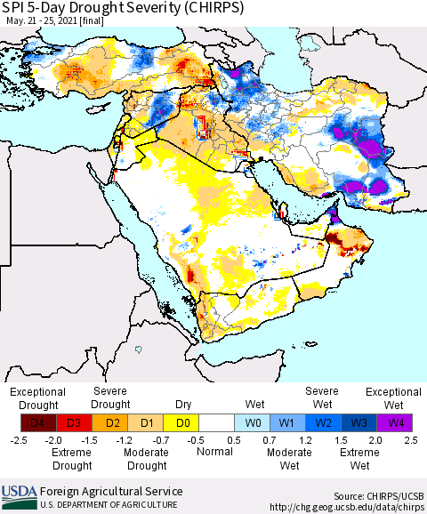 Middle East and Turkey SPI 5-Day Drought Severity (CHIRPS) Thematic Map For 5/21/2021 - 5/25/2021