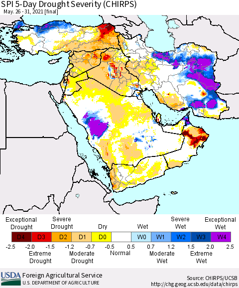 Middle East and Turkey SPI 5-Day Drought Severity (CHIRPS) Thematic Map For 5/26/2021 - 5/31/2021