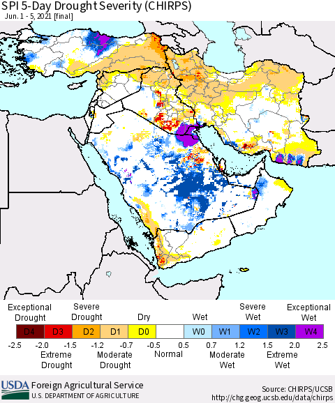Middle East and Turkey SPI 5-Day Drought Severity (CHIRPS) Thematic Map For 6/1/2021 - 6/5/2021