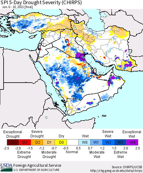 Middle East and Turkey SPI 5-Day Drought Severity (CHIRPS) Thematic Map For 6/6/2021 - 6/10/2021