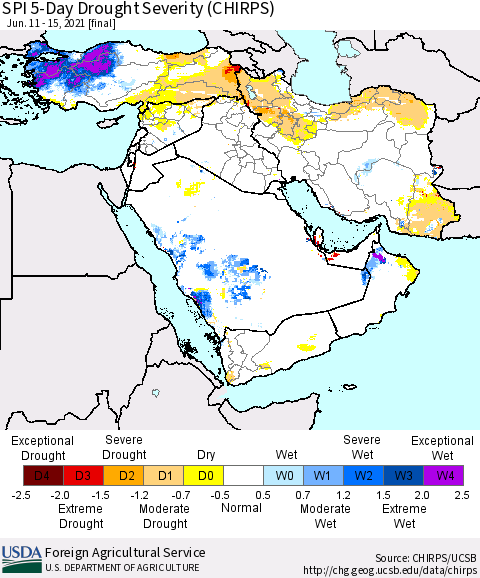 Middle East and Turkey SPI 5-Day Drought Severity (CHIRPS) Thematic Map For 6/11/2021 - 6/15/2021