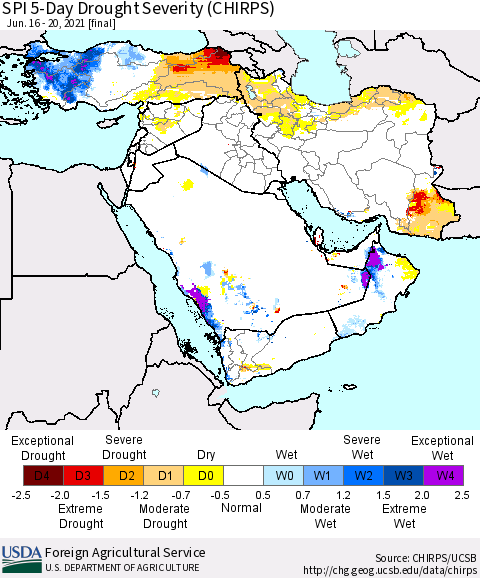 Middle East and Turkey SPI 5-Day Drought Severity (CHIRPS) Thematic Map For 6/16/2021 - 6/20/2021
