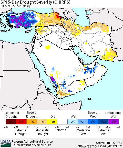 Middle East and Turkey SPI 5-Day Drought Severity (CHIRPS) Thematic Map For 6/21/2021 - 6/25/2021