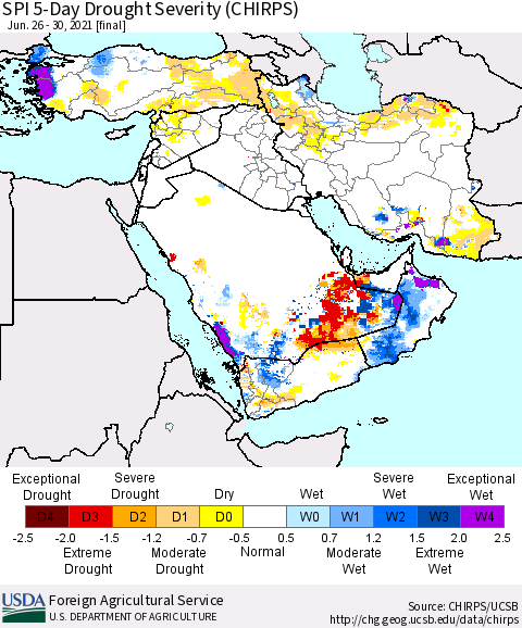 Middle East and Turkey SPI 5-Day Drought Severity (CHIRPS) Thematic Map For 6/26/2021 - 6/30/2021