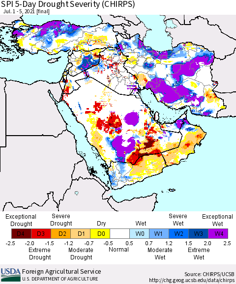Middle East and Turkey SPI 5-Day Drought Severity (CHIRPS) Thematic Map For 7/1/2021 - 7/5/2021