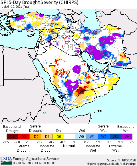 Middle East and Turkey SPI 5-Day Drought Severity (CHIRPS) Thematic Map For 7/6/2021 - 7/10/2021