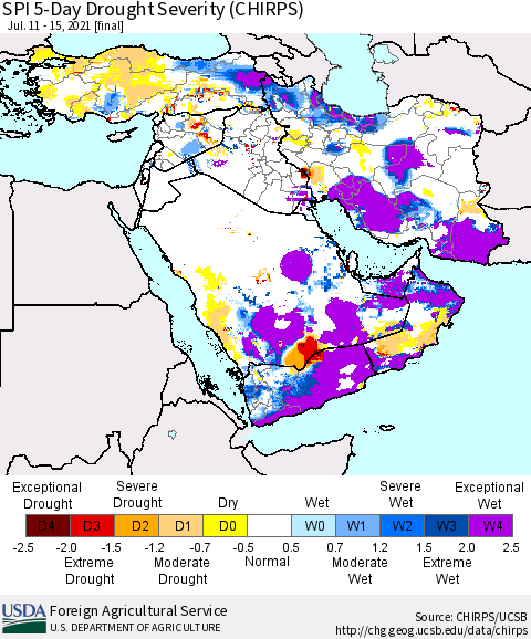 Middle East and Turkey SPI 5-Day Drought Severity (CHIRPS) Thematic Map For 7/11/2021 - 7/15/2021