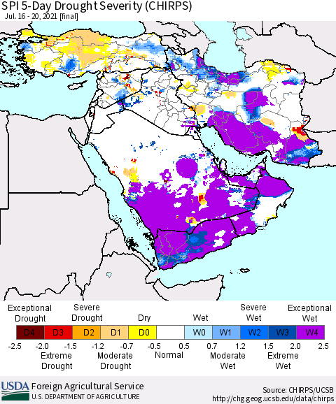 Middle East and Turkey SPI 5-Day Drought Severity (CHIRPS) Thematic Map For 7/16/2021 - 7/20/2021