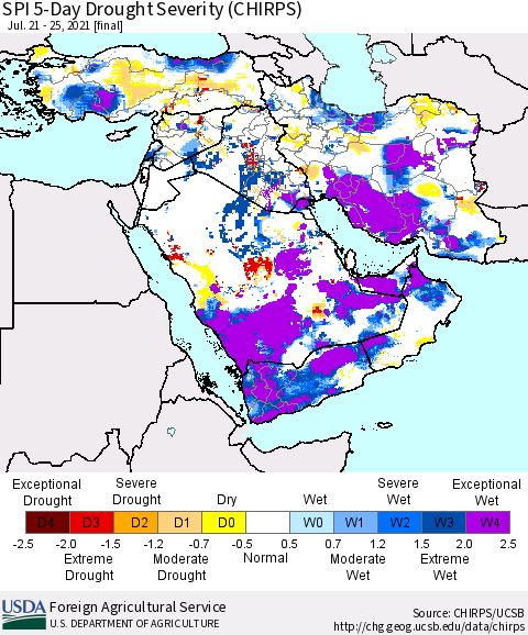 Middle East and Turkey SPI 5-Day Drought Severity (CHIRPS) Thematic Map For 7/21/2021 - 7/25/2021