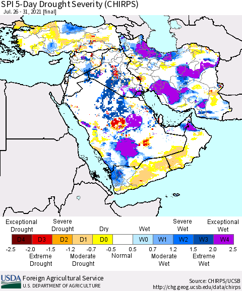 Middle East and Turkey SPI 5-Day Drought Severity (CHIRPS) Thematic Map For 7/26/2021 - 7/31/2021