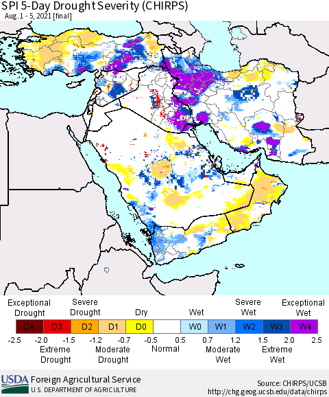 Middle East and Turkey SPI 5-Day Drought Severity (CHIRPS) Thematic Map For 8/1/2021 - 8/5/2021