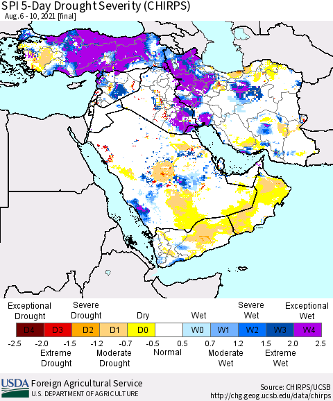 Middle East and Turkey SPI 5-Day Drought Severity (CHIRPS) Thematic Map For 8/6/2021 - 8/10/2021