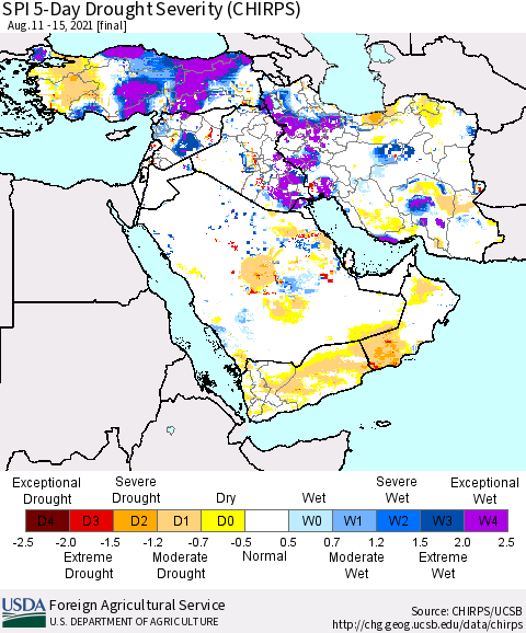 Middle East and Turkey SPI 5-Day Drought Severity (CHIRPS) Thematic Map For 8/11/2021 - 8/15/2021