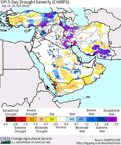 Middle East and Turkey SPI 5-Day Drought Severity (CHIRPS) Thematic Map For 8/16/2021 - 8/20/2021