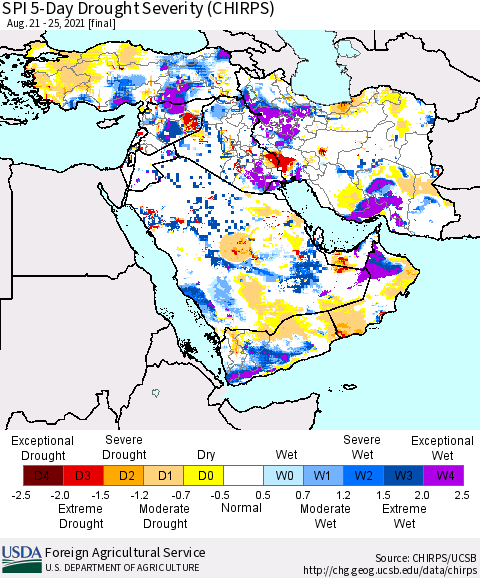 Middle East and Turkey SPI 5-Day Drought Severity (CHIRPS) Thematic Map For 8/21/2021 - 8/25/2021