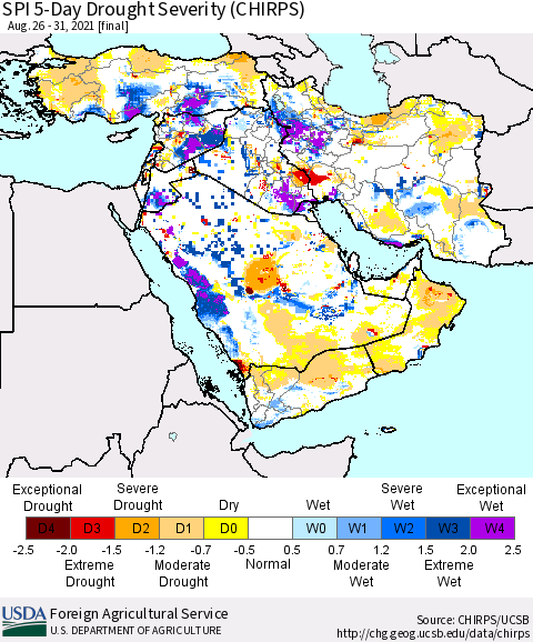 Middle East and Turkey SPI 5-Day Drought Severity (CHIRPS) Thematic Map For 8/26/2021 - 8/31/2021