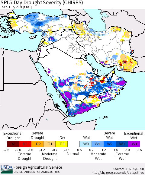 Middle East and Turkey SPI 5-Day Drought Severity (CHIRPS) Thematic Map For 9/1/2021 - 9/5/2021