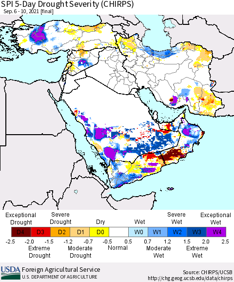 Middle East and Turkey SPI 5-Day Drought Severity (CHIRPS) Thematic Map For 9/6/2021 - 9/10/2021