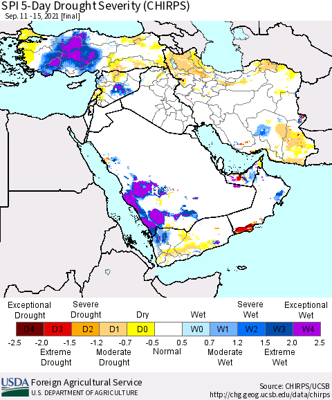 Middle East and Turkey SPI 5-Day Drought Severity (CHIRPS) Thematic Map For 9/11/2021 - 9/15/2021