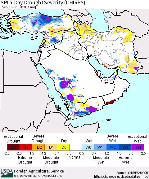 Middle East and Turkey SPI 5-Day Drought Severity (CHIRPS) Thematic Map For 9/16/2021 - 9/20/2021