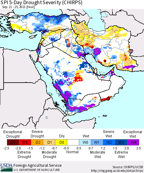 Middle East and Turkey SPI 5-Day Drought Severity (CHIRPS) Thematic Map For 9/21/2021 - 9/25/2021