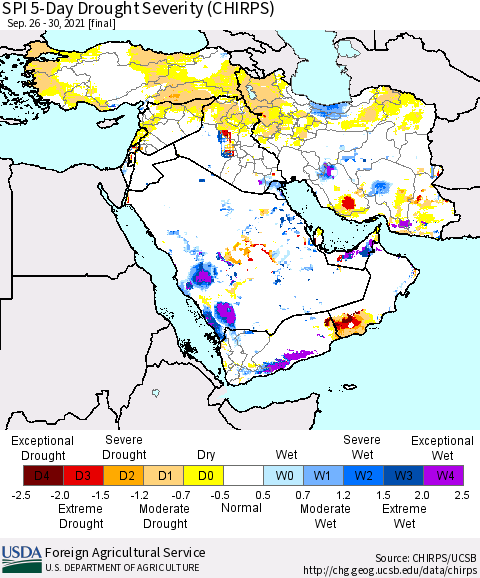 Middle East and Turkey SPI 5-Day Drought Severity (CHIRPS) Thematic Map For 9/26/2021 - 9/30/2021