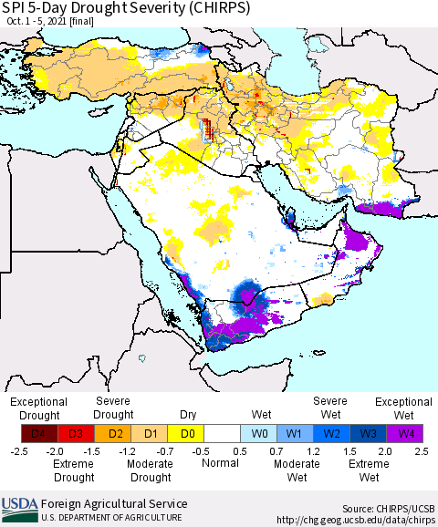 Middle East and Turkey SPI 5-Day Drought Severity (CHIRPS) Thematic Map For 10/1/2021 - 10/5/2021