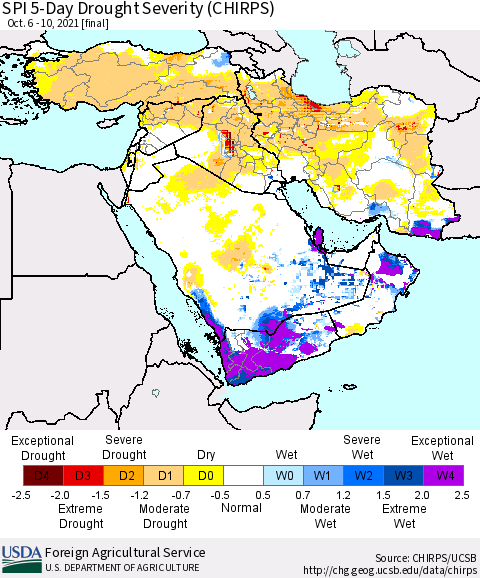 Middle East and Turkey SPI 5-Day Drought Severity (CHIRPS) Thematic Map For 10/6/2021 - 10/10/2021