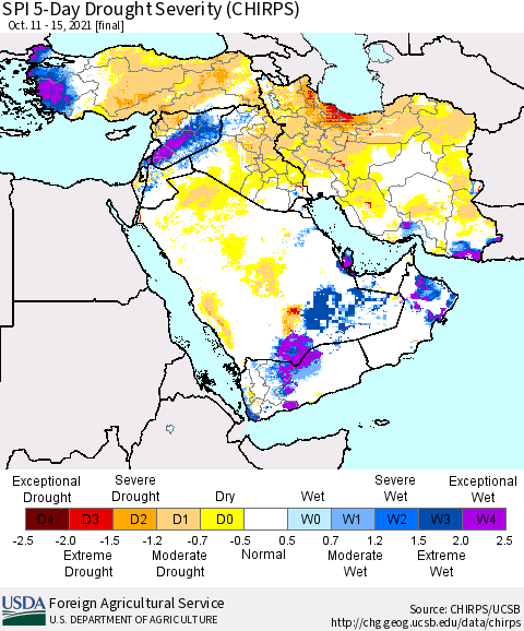 Middle East and Turkey SPI 5-Day Drought Severity (CHIRPS) Thematic Map For 10/11/2021 - 10/15/2021
