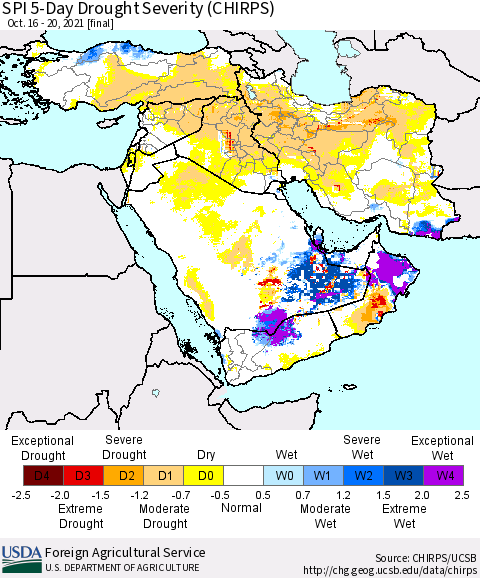 Middle East and Turkey SPI 5-Day Drought Severity (CHIRPS) Thematic Map For 10/16/2021 - 10/20/2021