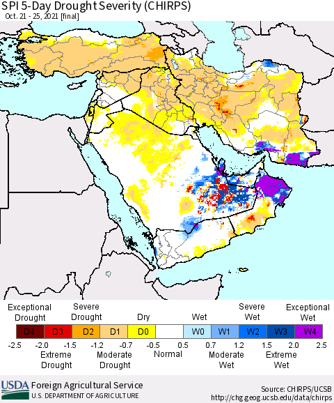 Middle East and Turkey SPI 5-Day Drought Severity (CHIRPS) Thematic Map For 10/21/2021 - 10/25/2021
