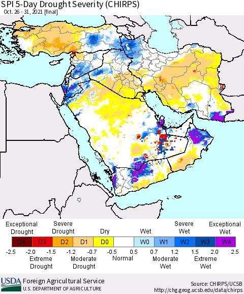 Middle East and Turkey SPI 5-Day Drought Severity (CHIRPS) Thematic Map For 10/26/2021 - 10/31/2021