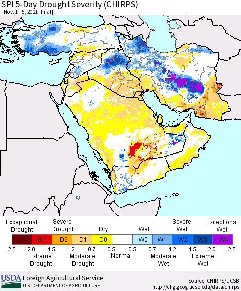 Middle East and Turkey SPI 5-Day Drought Severity (CHIRPS) Thematic Map For 11/1/2021 - 11/5/2021
