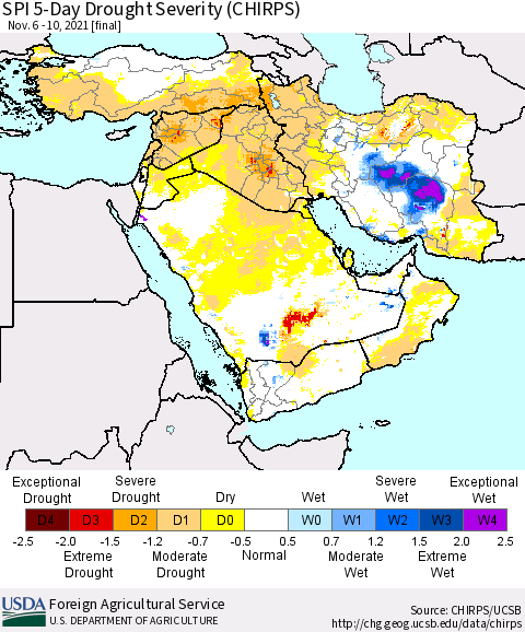 Middle East and Turkey SPI 5-Day Drought Severity (CHIRPS) Thematic Map For 11/6/2021 - 11/10/2021