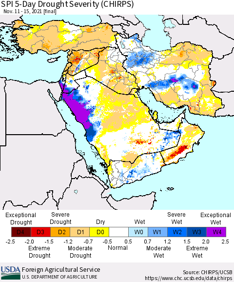 Middle East and Turkey SPI 5-Day Drought Severity (CHIRPS) Thematic Map For 11/11/2021 - 11/15/2021