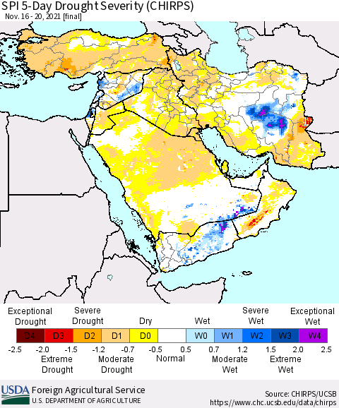 Middle East and Turkey SPI 5-Day Drought Severity (CHIRPS) Thematic Map For 11/16/2021 - 11/20/2021