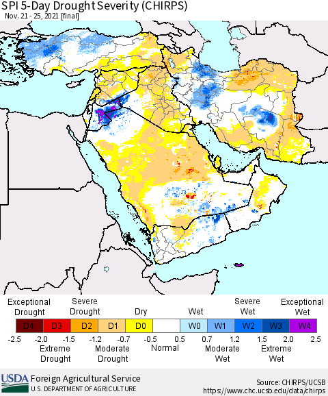 Middle East and Turkey SPI 5-Day Drought Severity (CHIRPS) Thematic Map For 11/21/2021 - 11/25/2021