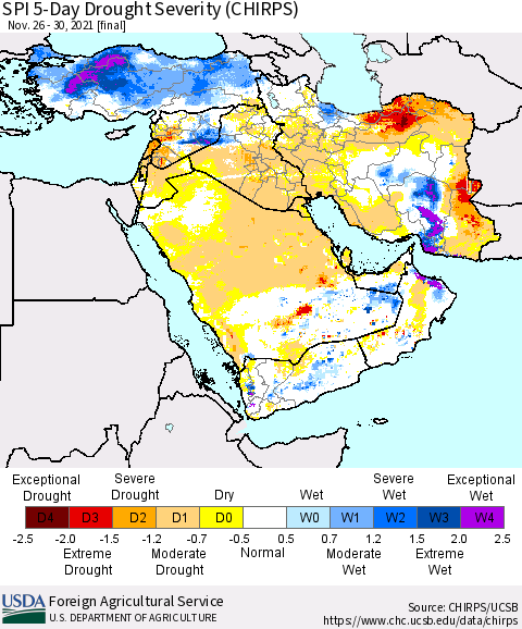 Middle East and Turkey SPI 5-Day Drought Severity (CHIRPS) Thematic Map For 11/26/2021 - 11/30/2021