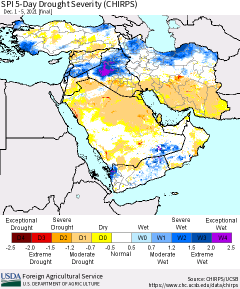Middle East and Turkey SPI 5-Day Drought Severity (CHIRPS) Thematic Map For 12/1/2021 - 12/5/2021
