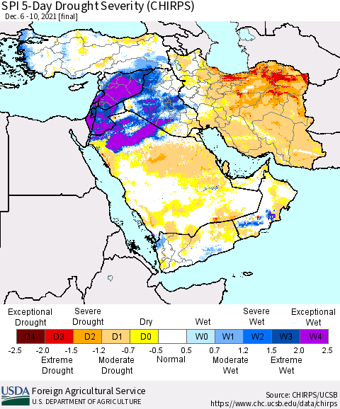 Middle East and Turkey SPI 5-Day Drought Severity (CHIRPS) Thematic Map For 12/6/2021 - 12/10/2021