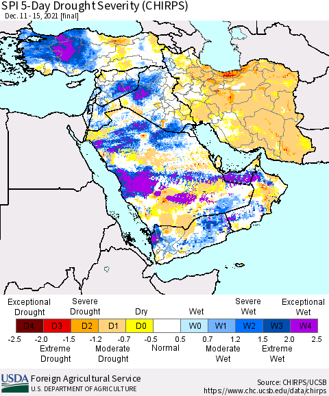 Middle East and Turkey SPI 5-Day Drought Severity (CHIRPS) Thematic Map For 12/11/2021 - 12/15/2021